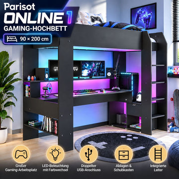 Parisot Online 1 Gaming-Hochbett 90x200 cm mit LED & USB