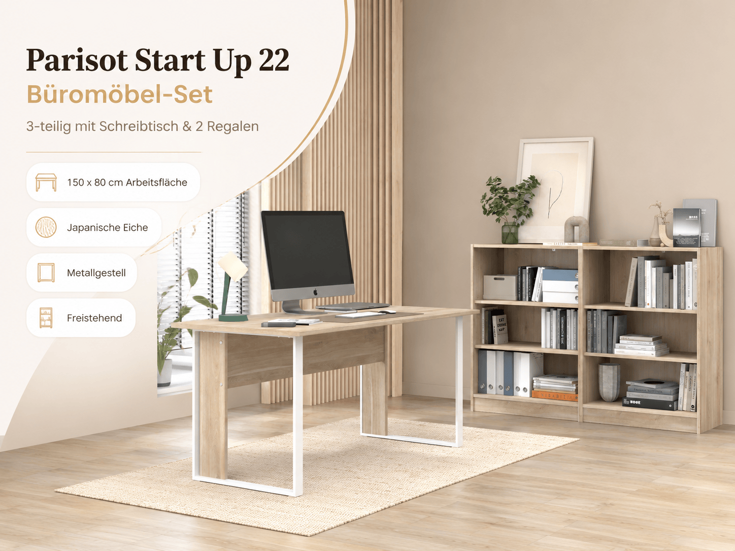 Parisot Start Up 22 Büromöbel-Set 3-teilig – Schreibtisch 150 × 80 cm mit 2 Regalen, Metallgestell & Japanische Eiche