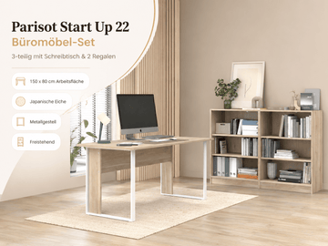 Parisot Start Up 22 Büromöbel-Set 3-teilig – Schreibtisch 150 × 80 cm mit 2 Regalen, Metallgestell & Japanische Eiche