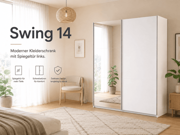 Parisot Swing 14 Kleiderschrank mit Spiegeltür links, Schiebetüren, Soft-Close & 3 Schubkästen – Weiß, 178 cm