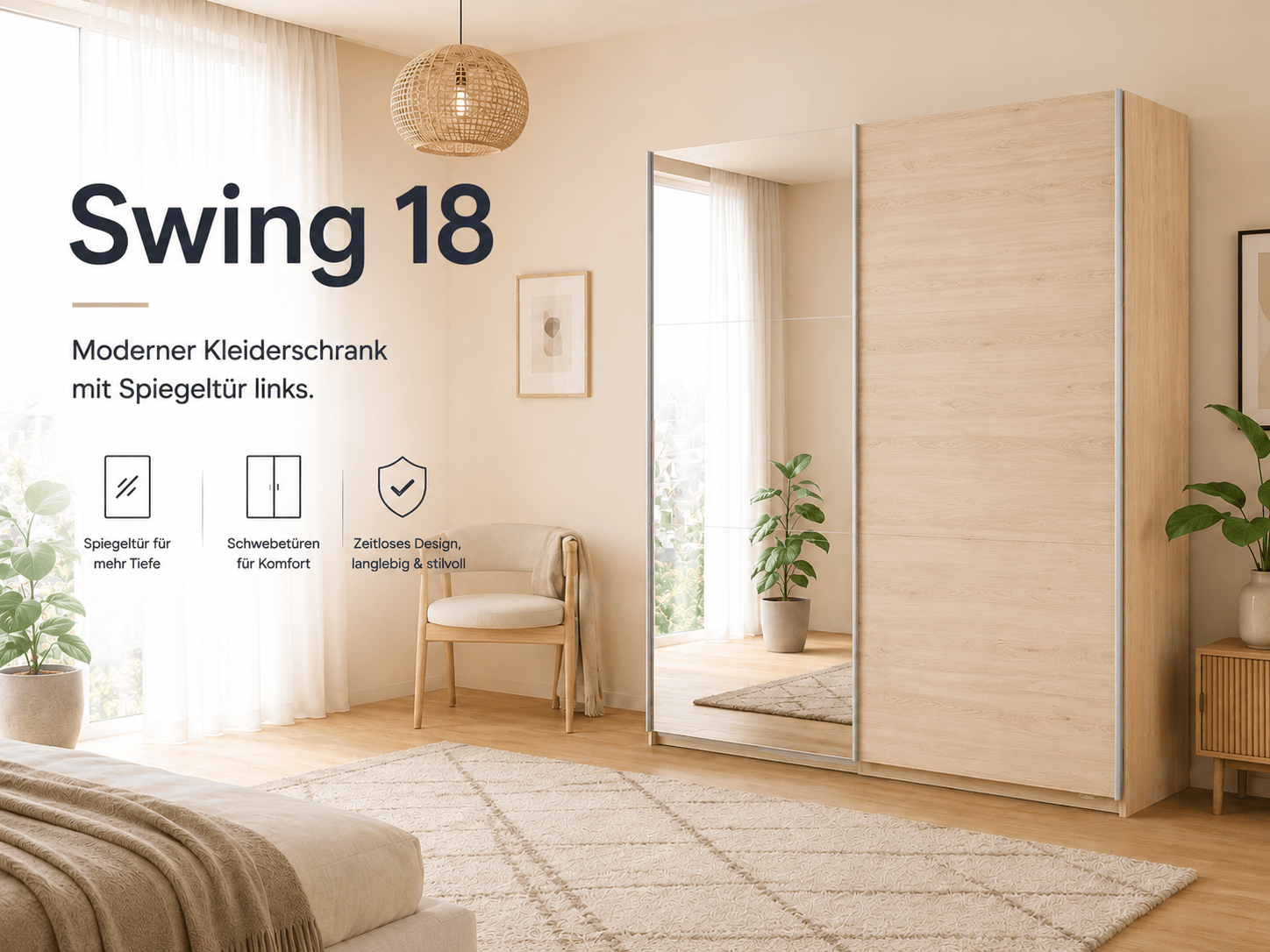 Parisot Swing 18 Kleiderschrank Eiche mit Spiegeltür links, Schiebetüren, Soft-Close & 3 Schubkästen – 178 cm