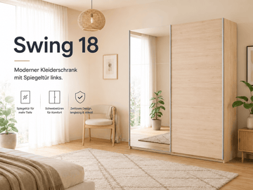 Parisot Swing 18 Kleiderschrank Eiche mit Spiegeltür links, Schiebetüren, Soft-Close & 3 Schubkästen – 178 cm