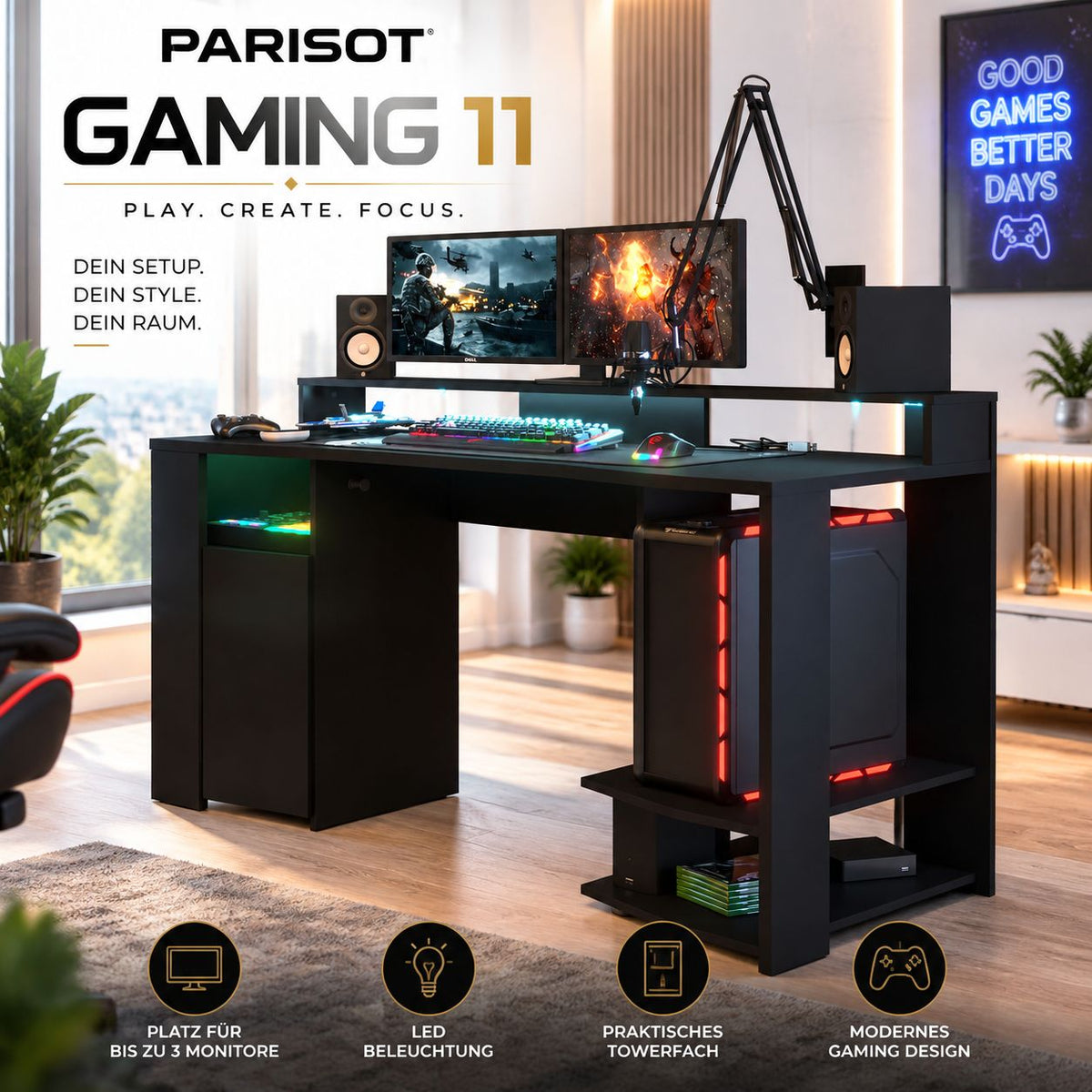 Faizee Home Parisot Gaming 11 Gaming Schreibtisch Schwarz mit LED-Beleuchtung & Towerfach