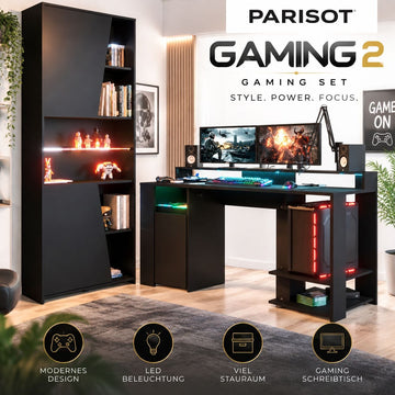 Parisot Gaming 2 Gaming Set Schwarz mit LED-Beleuchtung – Gamingtisch mit Regal, RGB Licht & Stauraum