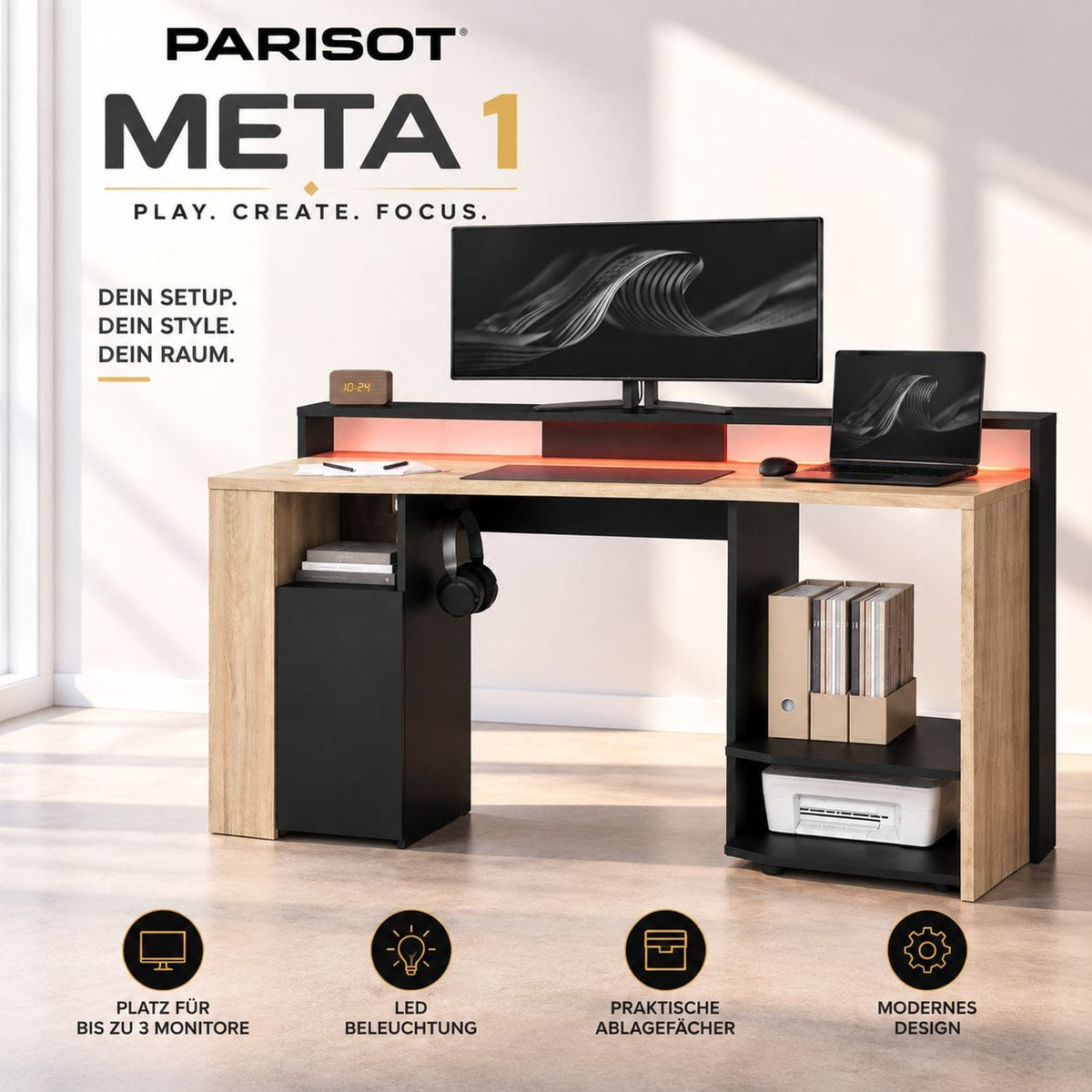 Parisot Meta 1 Gaming Schreibtisch Schwarz Eiche | Gaming Desk mit LED-Beleuchtung, Ablagen & modernem Design