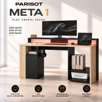 Parisot Meta 1 Gaming Schreibtisch Schwarz Eiche | Gaming Desk mit LED-Beleuchtung, Ablagen & modernem Design