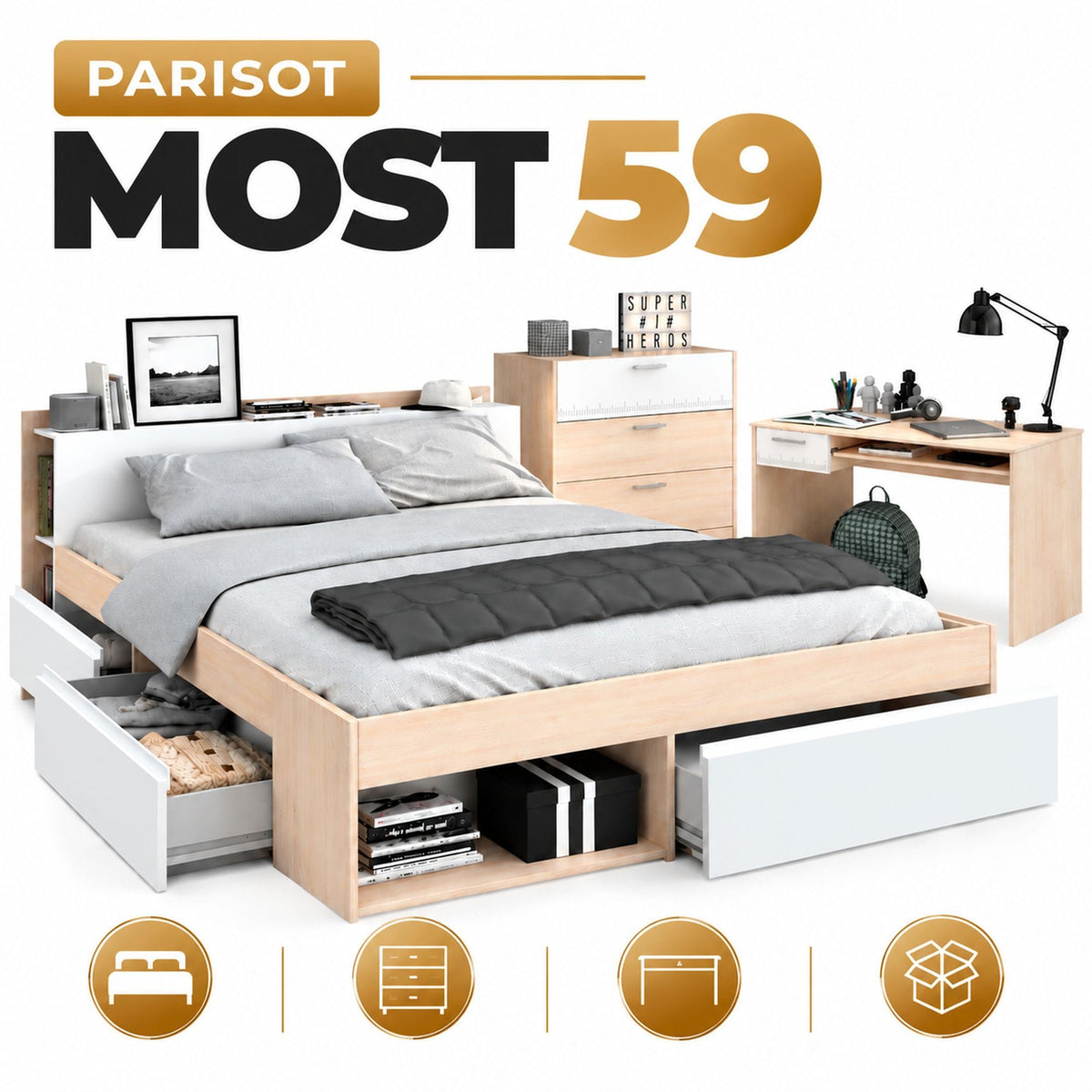 Parisot Most 59 Jugendzimmer Set 140x200 cm Bett Schreibtisch Kommode