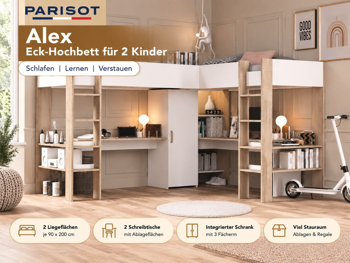 Parisot Alex Eck-Hochbett mit 2 Liegeflächen – Weiß / Jackson Eiche