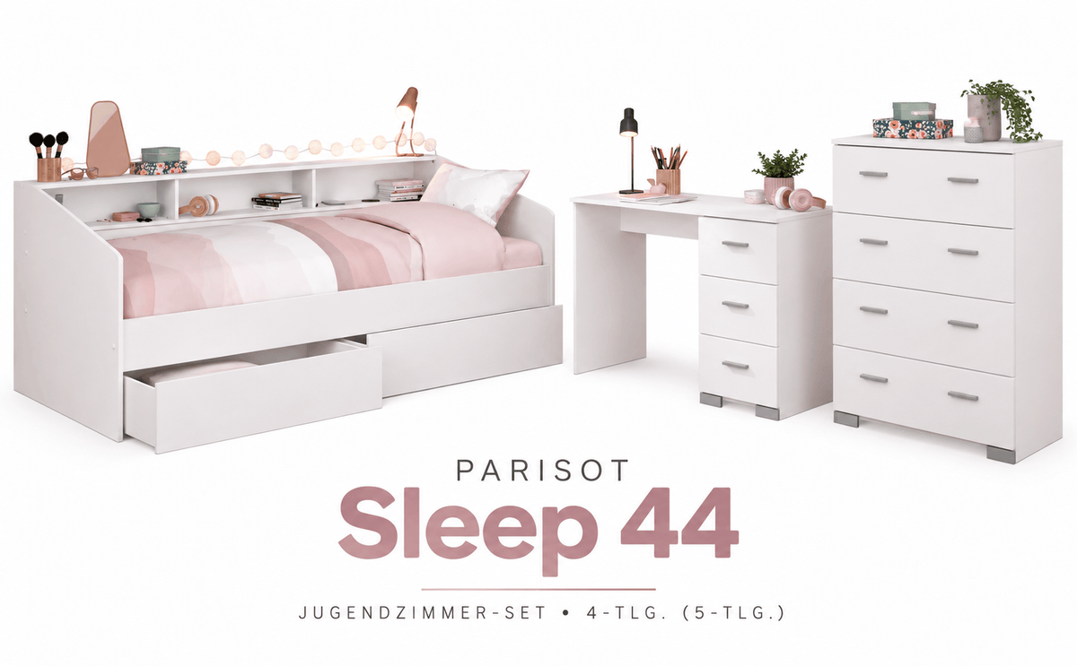 Parisot Sleep 44 Jugendzimmer Set 5-teilig – Stauraumbett 90x200, Schreibtisch mit 3 Schubladen & Kommode mit 4 Schubladen – Weiß