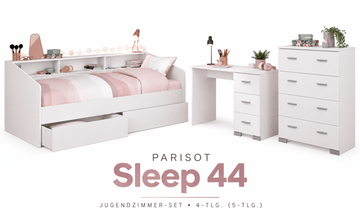 Parisot Sleep 44 Jugendzimmer Set 5-teilig – Stauraumbett 90x200, Schreibtisch mit 3 Schubladen & Kommode mit 4 Schubladen – Weiß