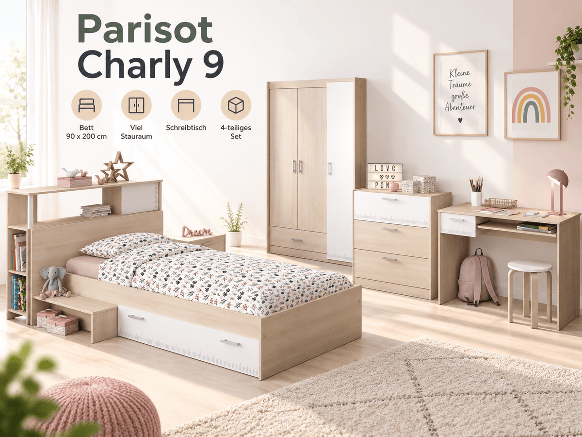 Parisot Charly 9 Jugendzimmer Set 6-teilig – Bett 90x200 mit Stauraum, 3-türigem Kleiderschrank, Schreibtisch, Kommode & Nachttisch – Akazie/Weiß
