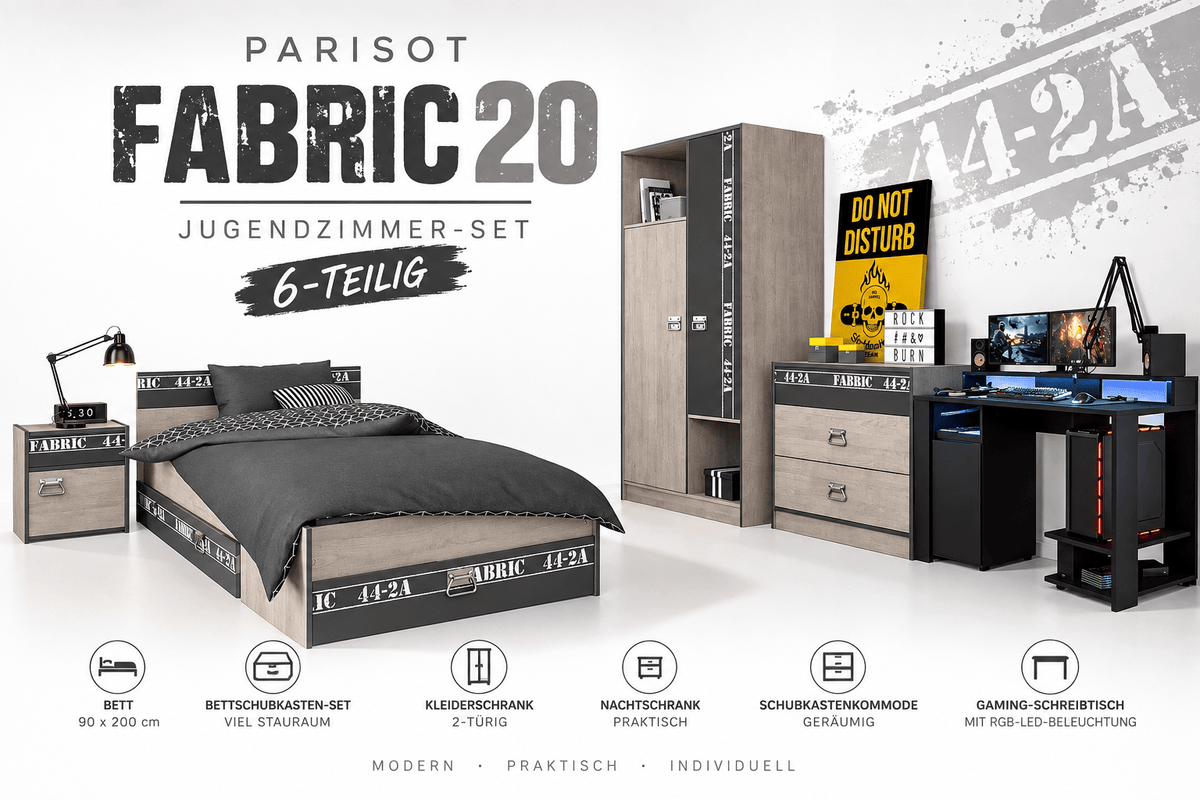 Parisot Fabric 20 Jugendzimmer-Set – modernes Komplettzimmer mit LED-Gaming-Schreibtisch