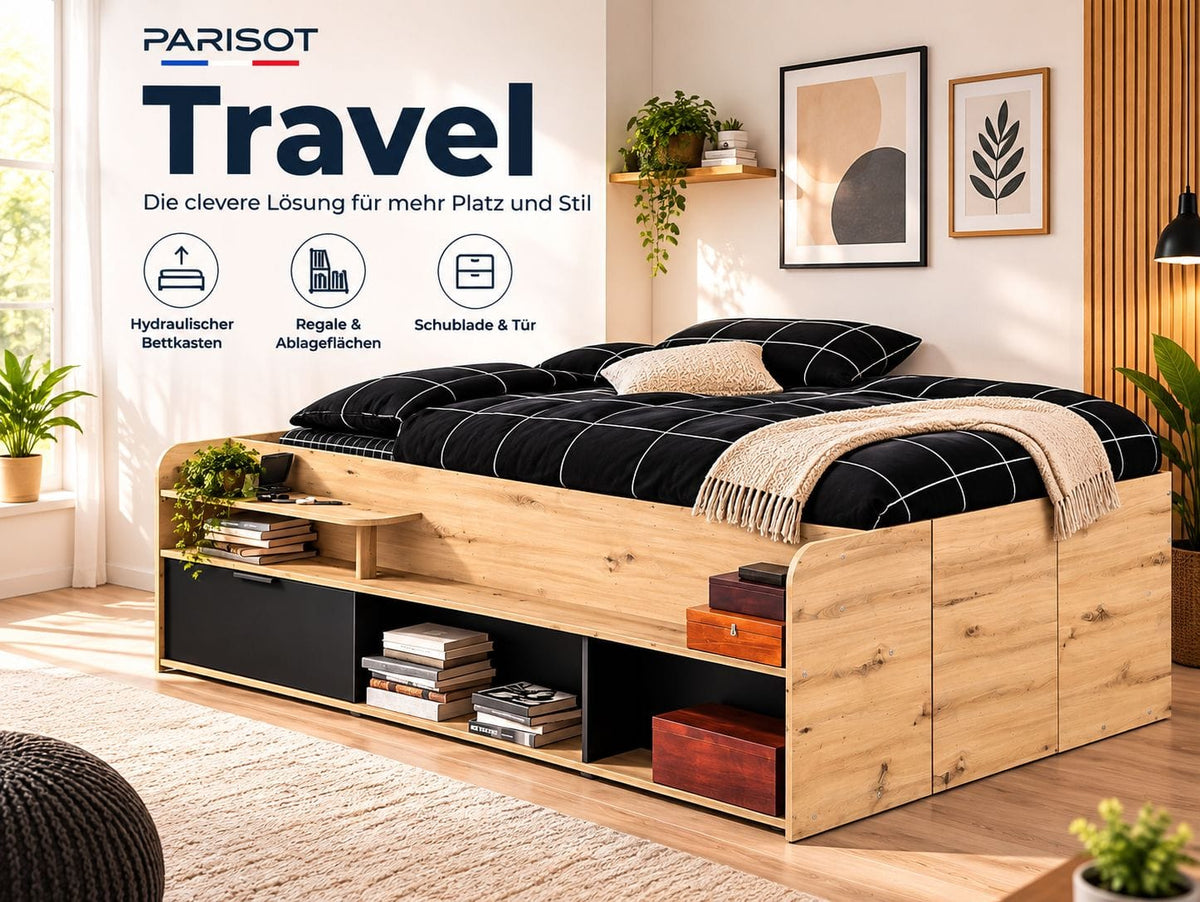 Parisot Travel Stauraumbett mit hydraulischem Bettkasten Eiche
