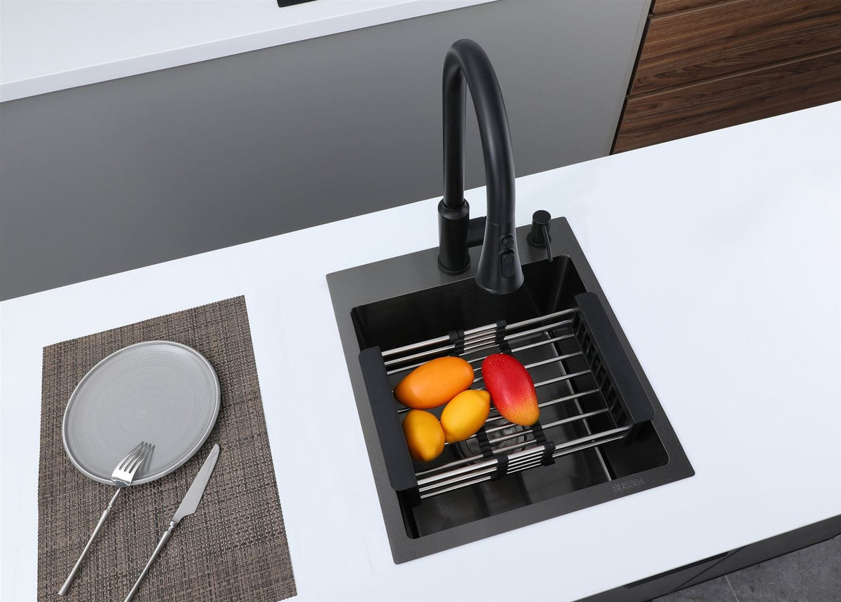Faizee Home Future Serie Edelstahlspüle Schwarz mit Spülkorb, Seifenspender & Armaturenauswahl