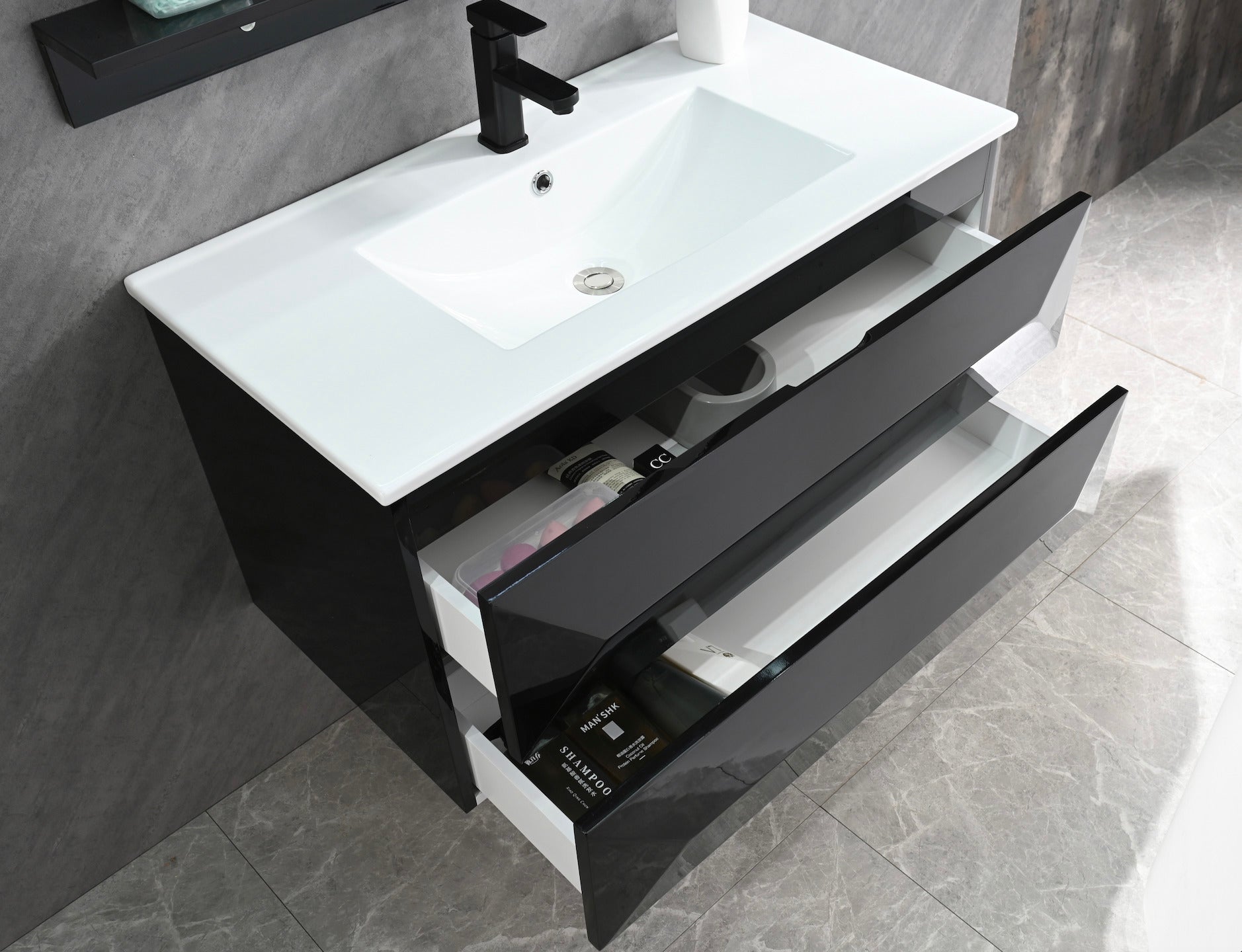 Faizee Home Badmöbel-Set 90 cm Schwarz inkl. Keramik-Waschbecken, Spiegel & wählbaren Seitenschränken
