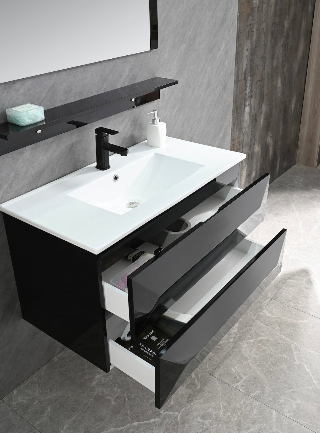 Faizee Home Badmöbel-Set 90 cm Schwarz inkl. Keramik-Waschbecken, Spiegel & wählbaren Seitenschränken