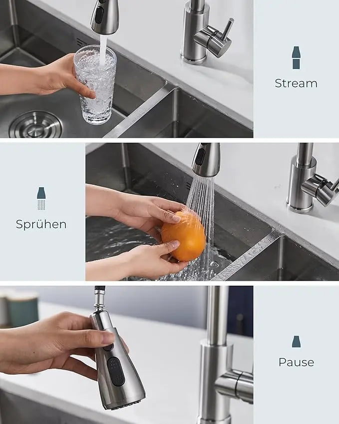 Wave Küchenarmatur – Ausziehbare Armatur mit Brause, 360° Drehbereich & Edelstahl 304