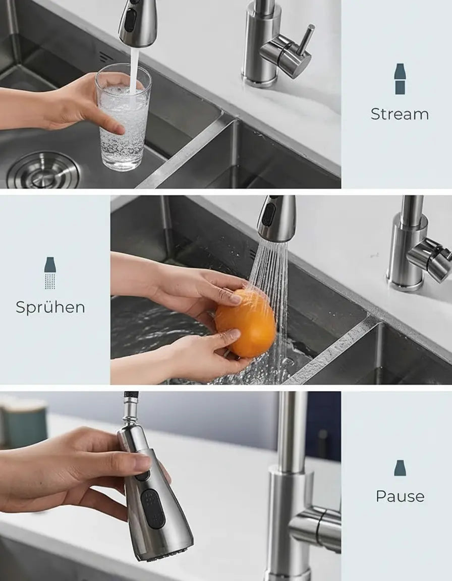 Wave Küchenarmatur – Ausziehbare Armatur mit Brause, 360° Drehbereich & Edelstahl 304