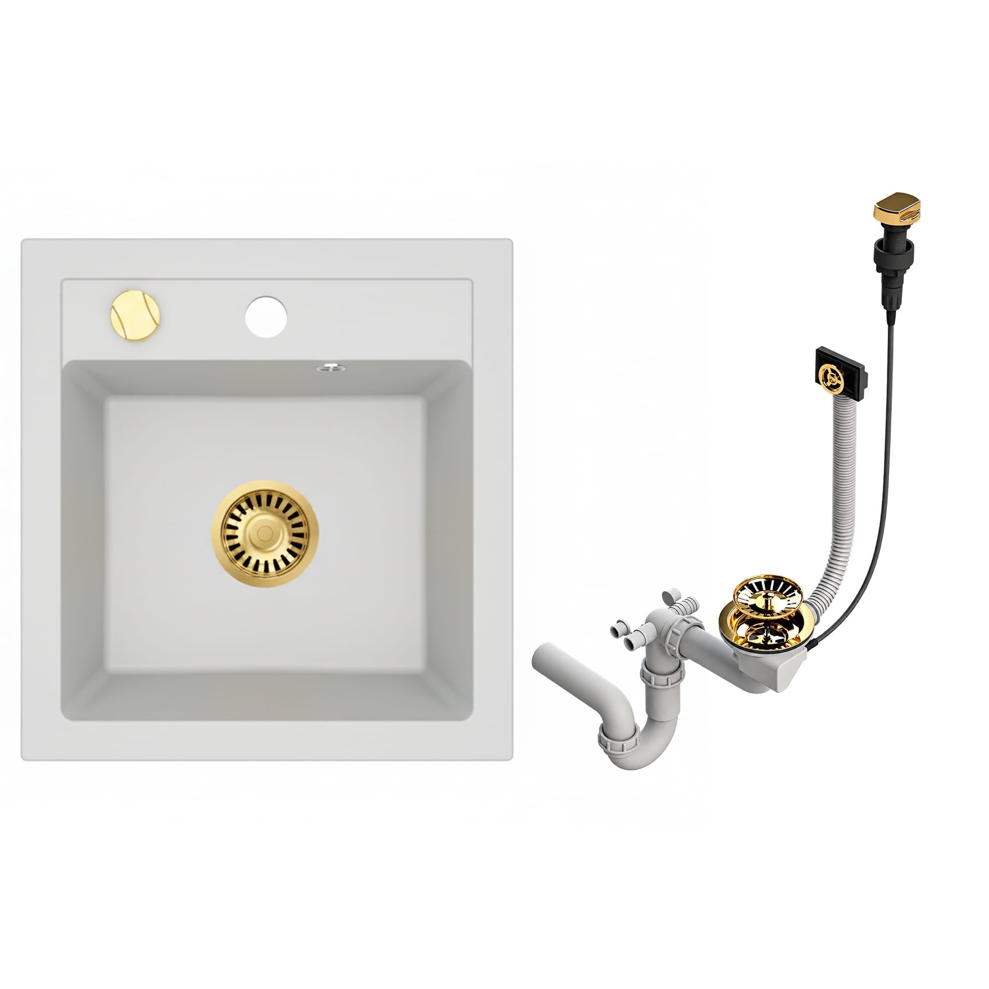 Faizee Home Granitspüle Milano 52 × 49 cm – inkl. goldenem Siphon & wählbarer Armatur Genial Gold oder Spiral Gold