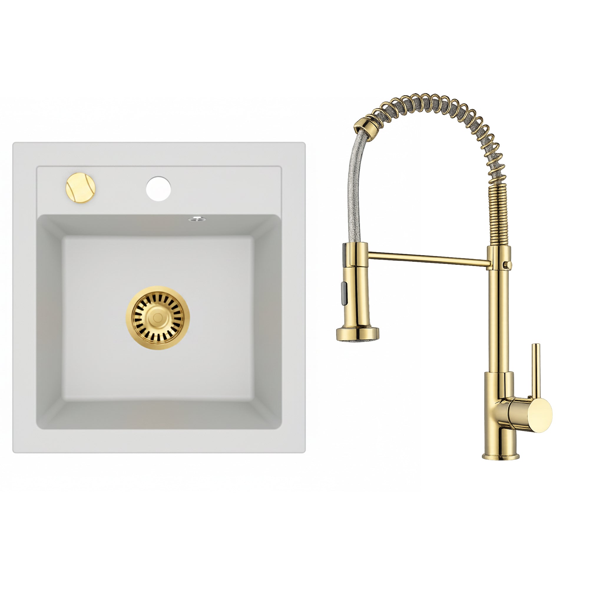 Faizee Home Granitspüle Milano 52 × 49 cm – inkl. goldenem Siphon & wählbarer Armatur Genial Gold oder Spiral Gold
