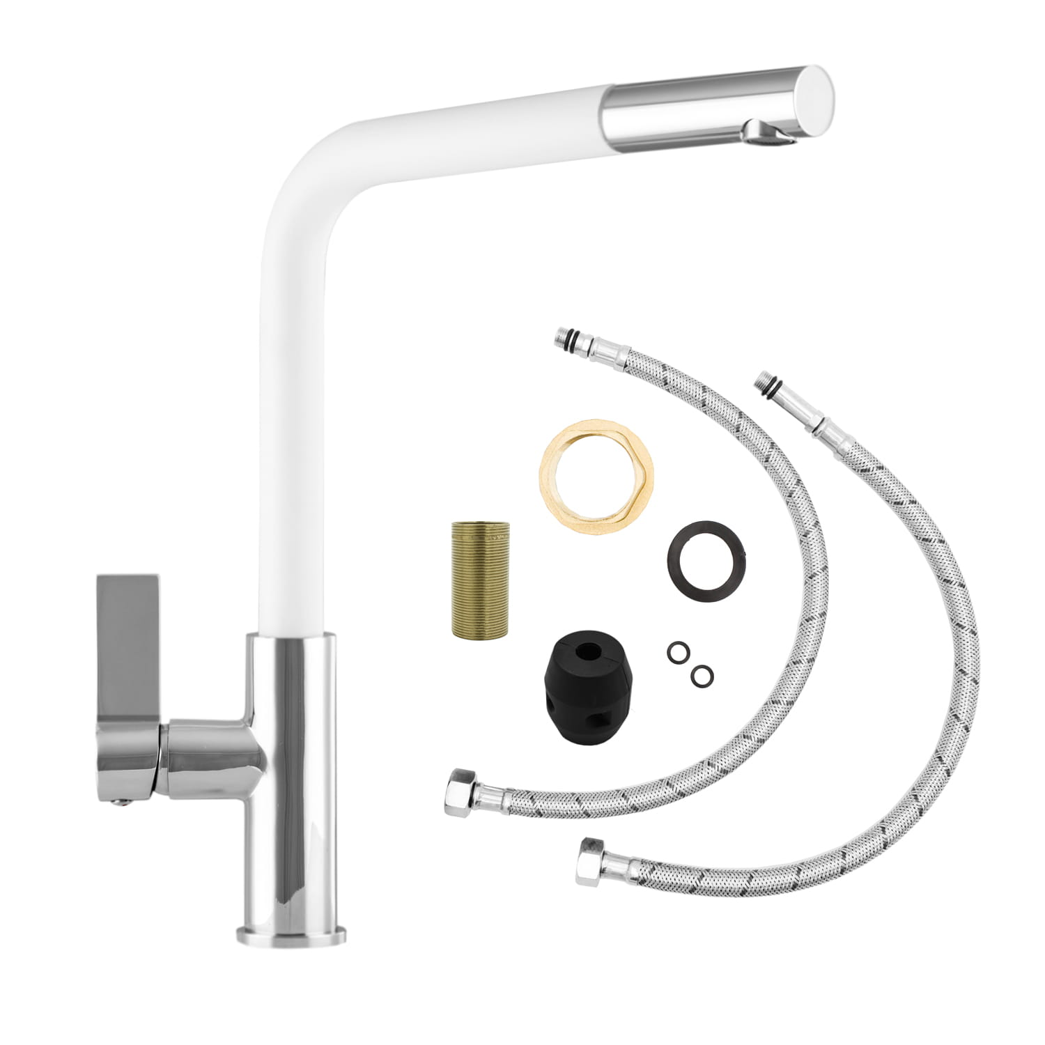 Granitspüle 48x50 Weiß + Armatur + Siphon