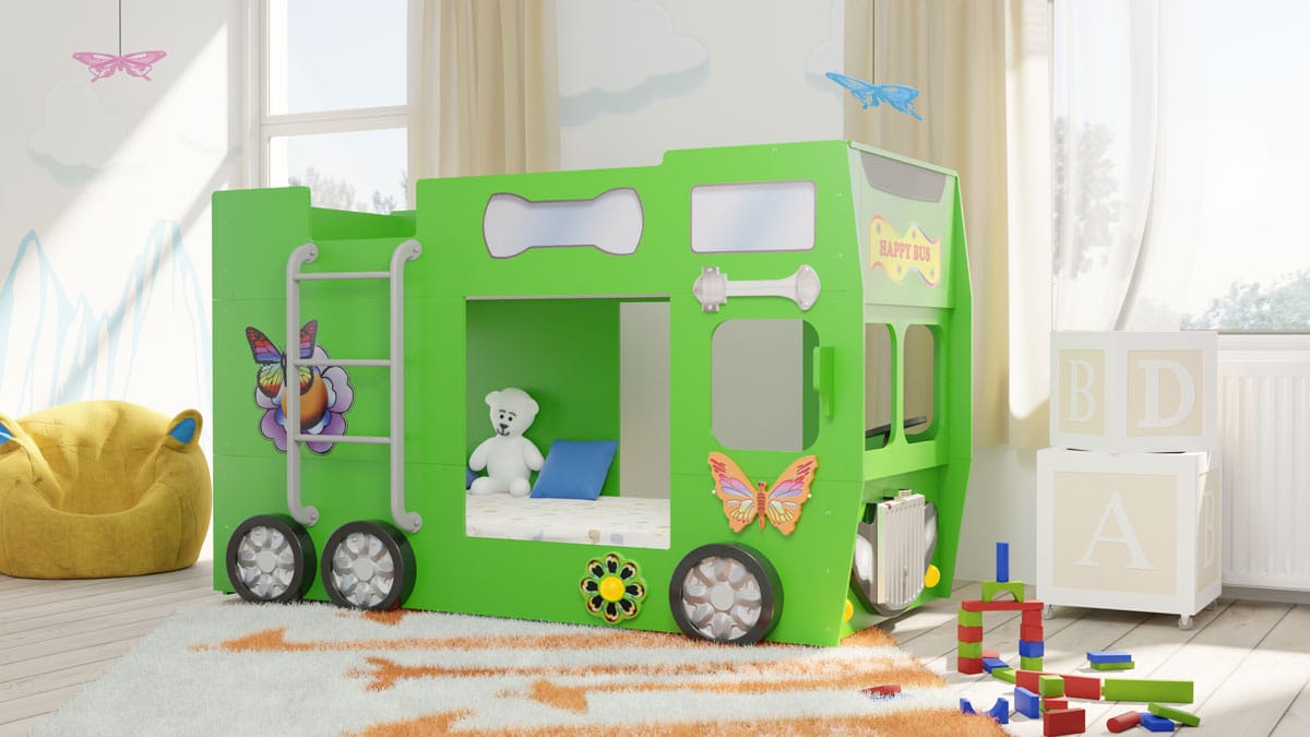 Happy Bus Kinderbett 90x190 cm – Kinderbett aus MDF in Blau, Grün, Rot oder Gelb