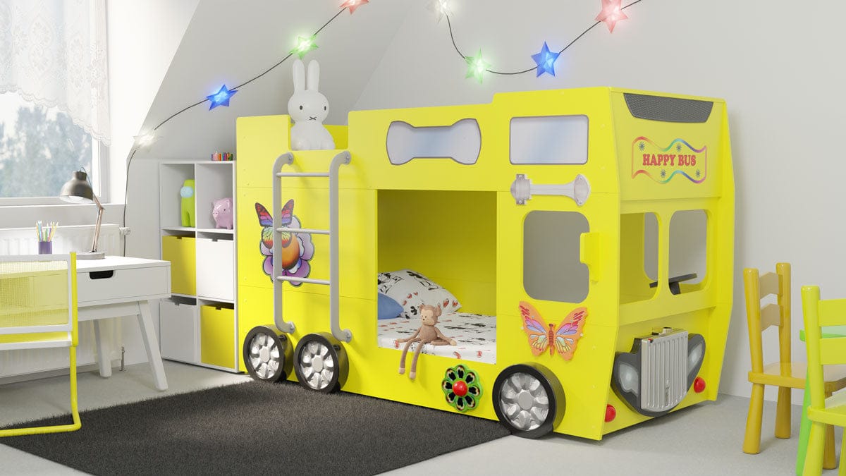 Happy Bus Kinderbett 90x190 cm – Kinderbett aus MDF in Blau, Grün, Rot oder Gelb